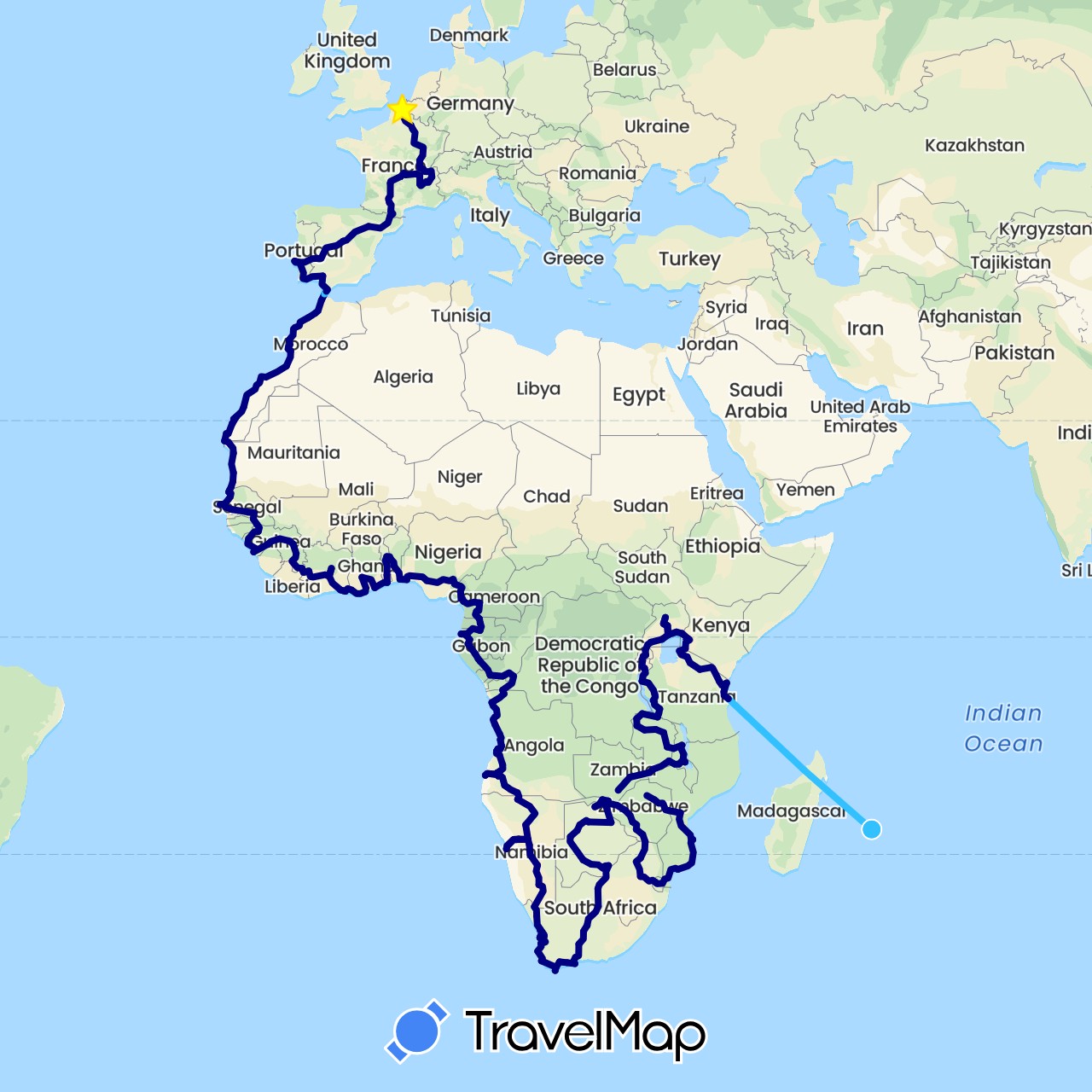 TravelMap itinerary: driving, boat in Andorra, Angola, Burundi, Benin, Botswana, Democratic Republic of the Congo, Republic of the Congo, Côte d'Ivoire, Cameroon, Spain, France, Gabon, Ghana, Guinea, Kenya, Morocco, Mauritania, Malawi, Mozambique, Namibia, Nigeria, Portugal, Rwanda, Senegal, Swaziland, Togo, Tanzania, Uganda, South Africa, Zambia, Zimbabwe (Africa, Europe)